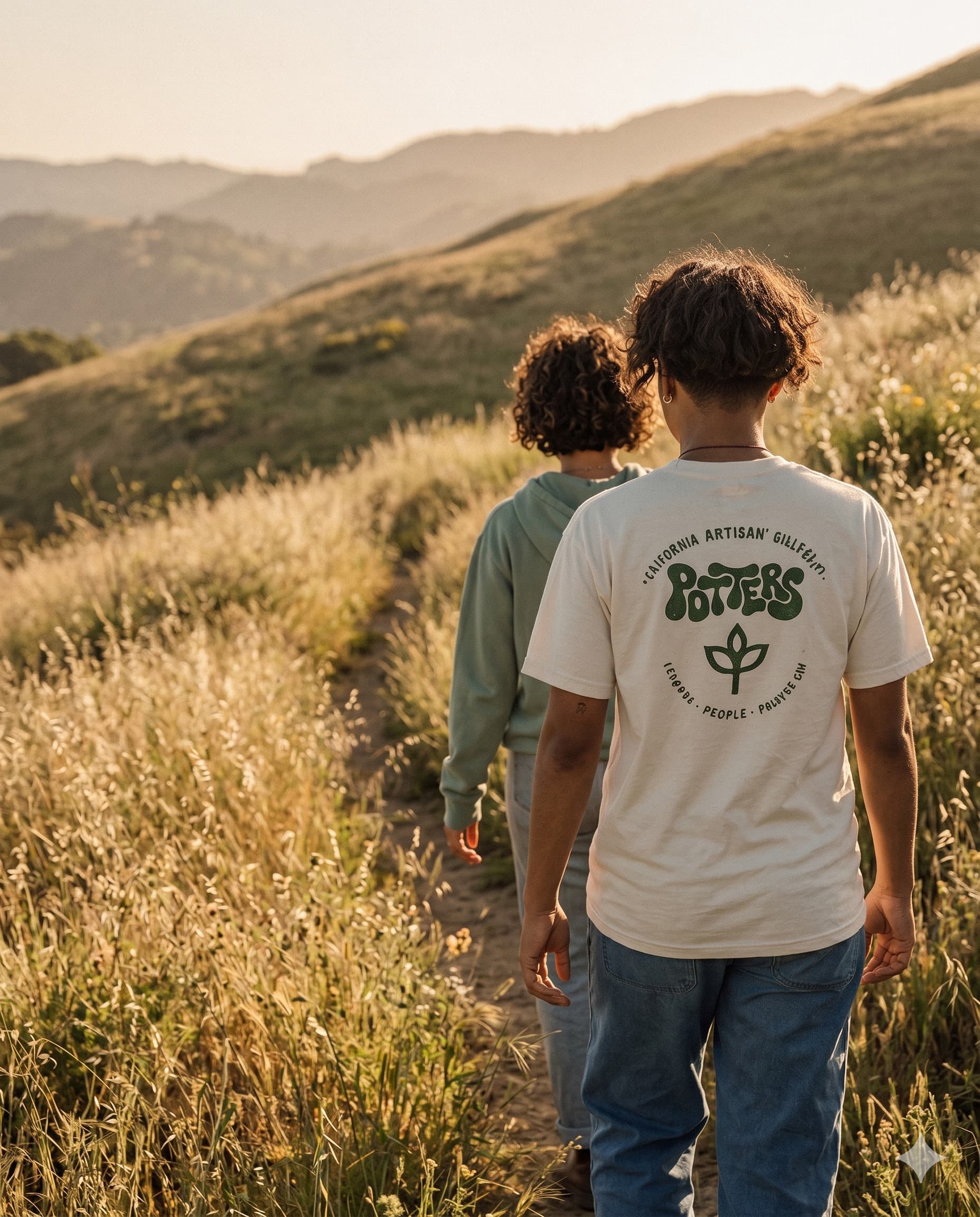 Two friends walking a California hillside trail in Potter's tees.