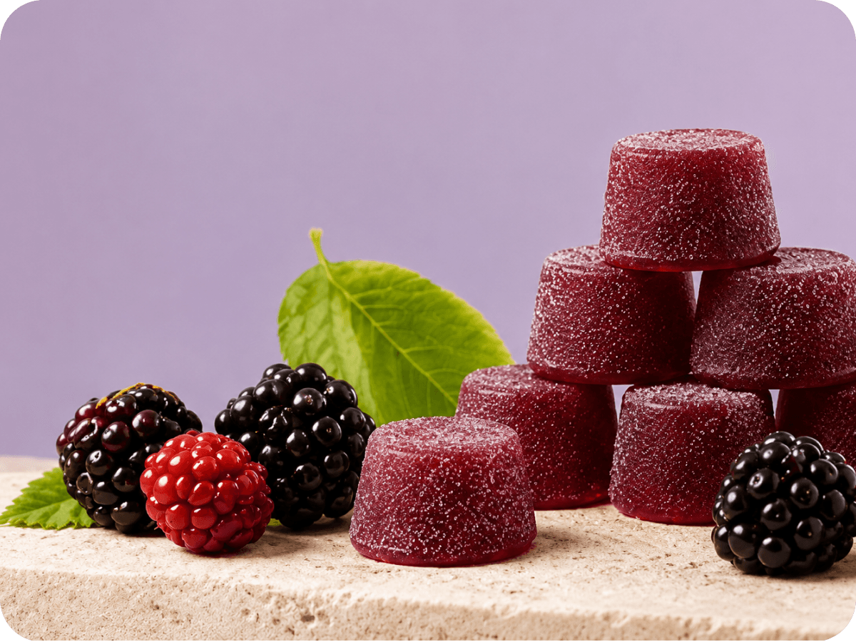 Boysenberry fruit chews stacked with berries and a green leaf.